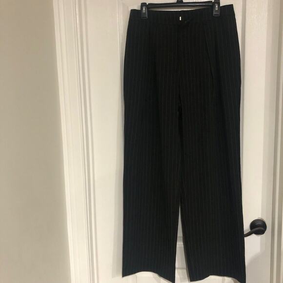 Commense Women's Pinstripe Wide Leg Pants Pleated Relaxed Fit Black Large NWT - Picture 2 of 7